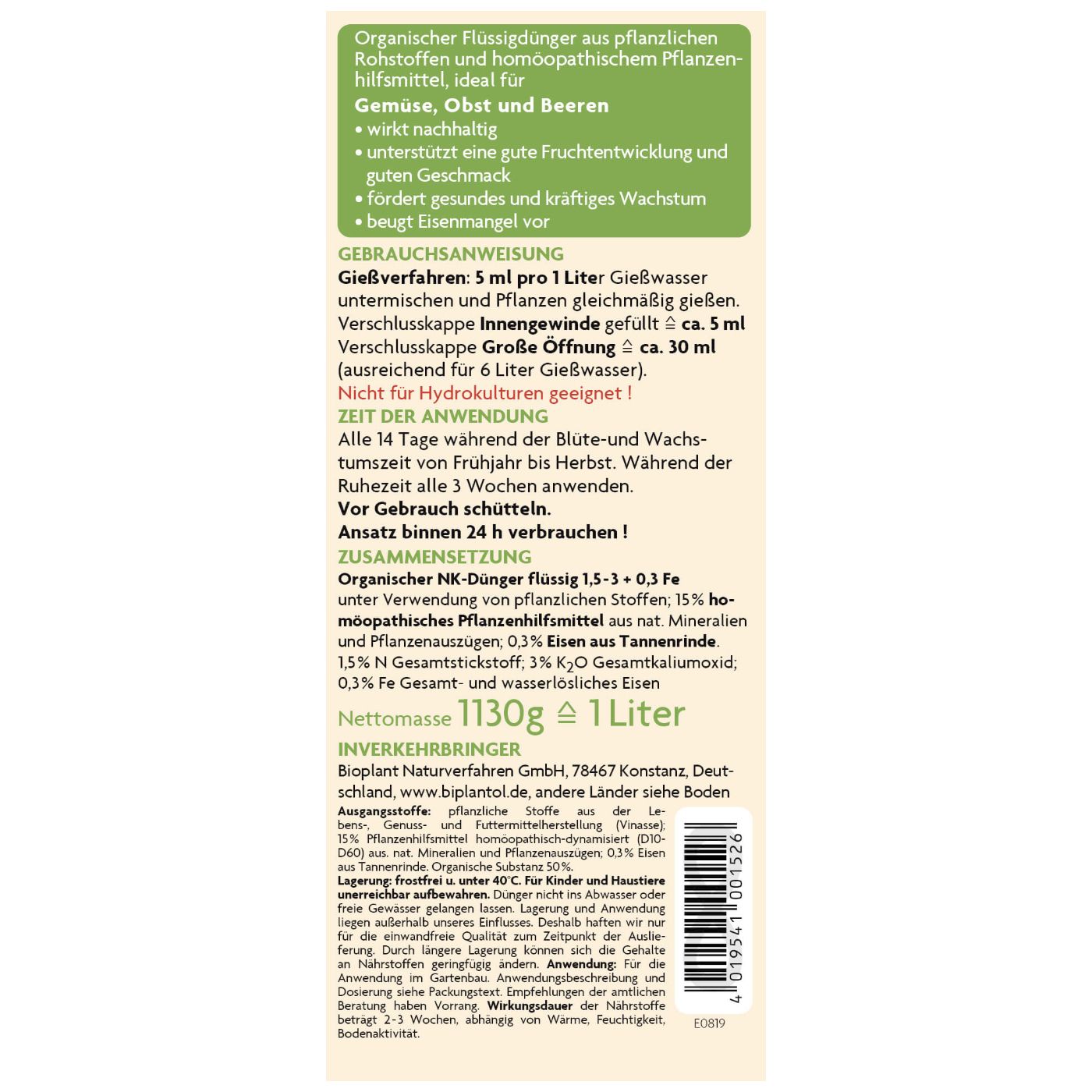 Gemüse-Dünger mit natürlichem Eisen, 1 l