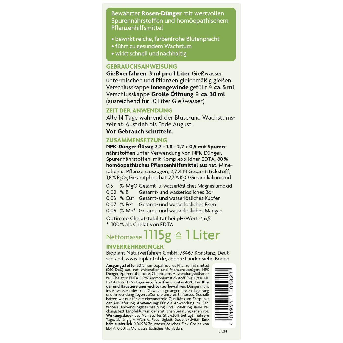 Rosen-Dünger mit Spurennährstoffen, 1 l