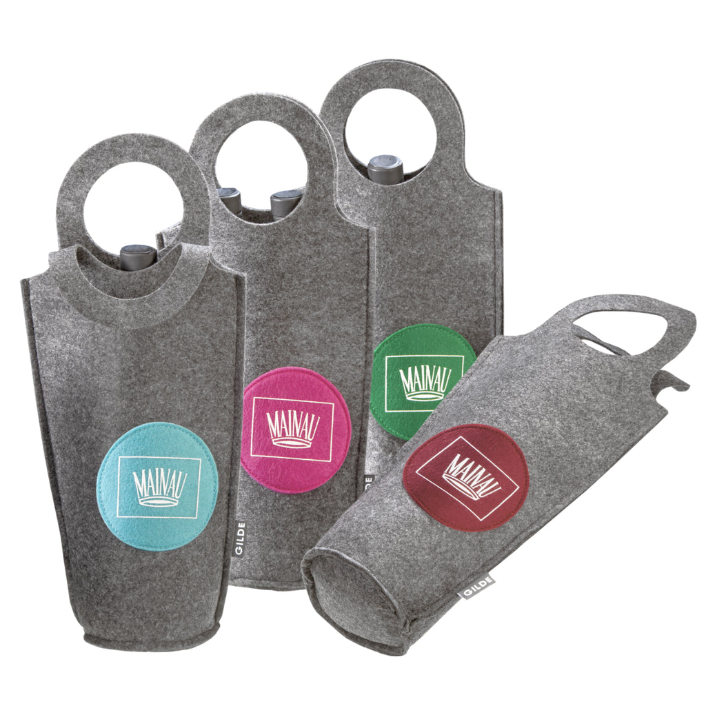 Filzflaschentaschen für Wein mit Insel Mainau Logo