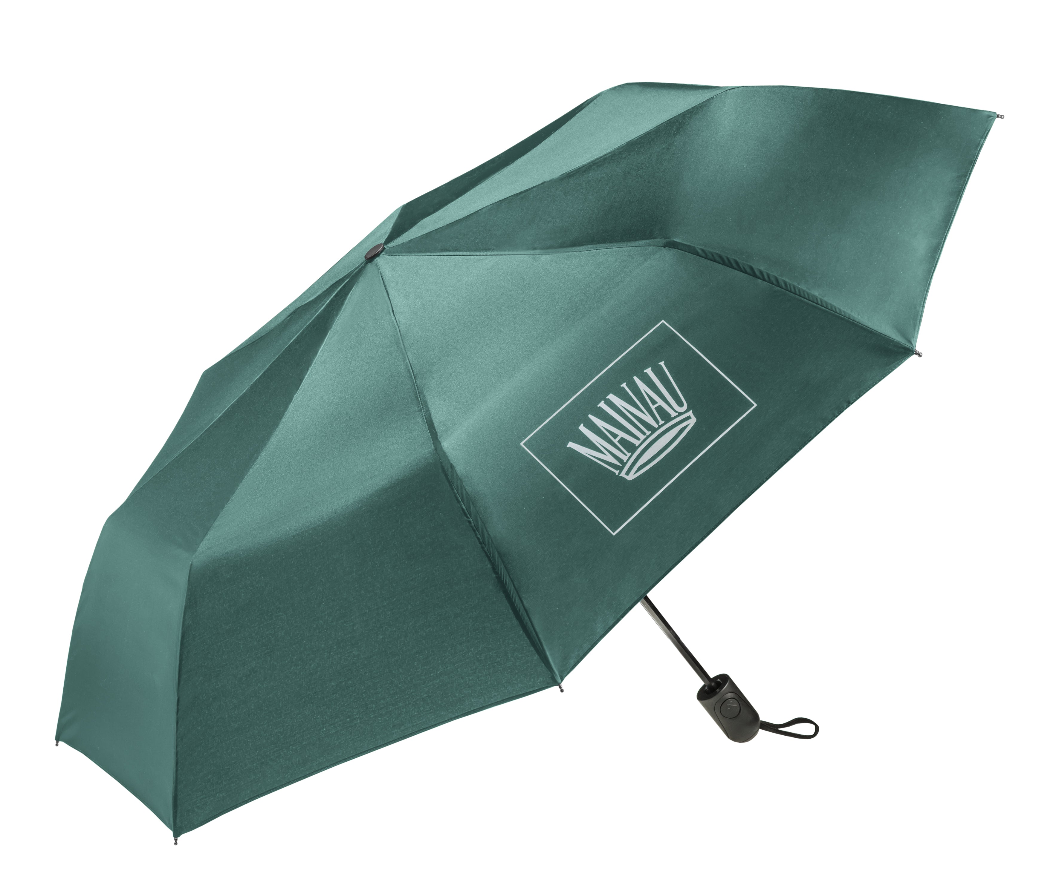 Taschenschirm in grün mit Kronen-Logo der Insel Mainau