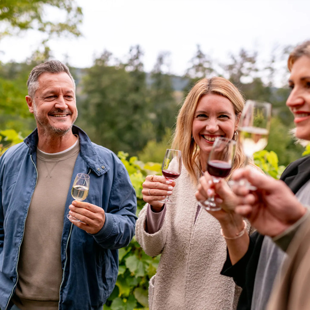 Vier Freunde genießen Wein auf der Insel Mainau